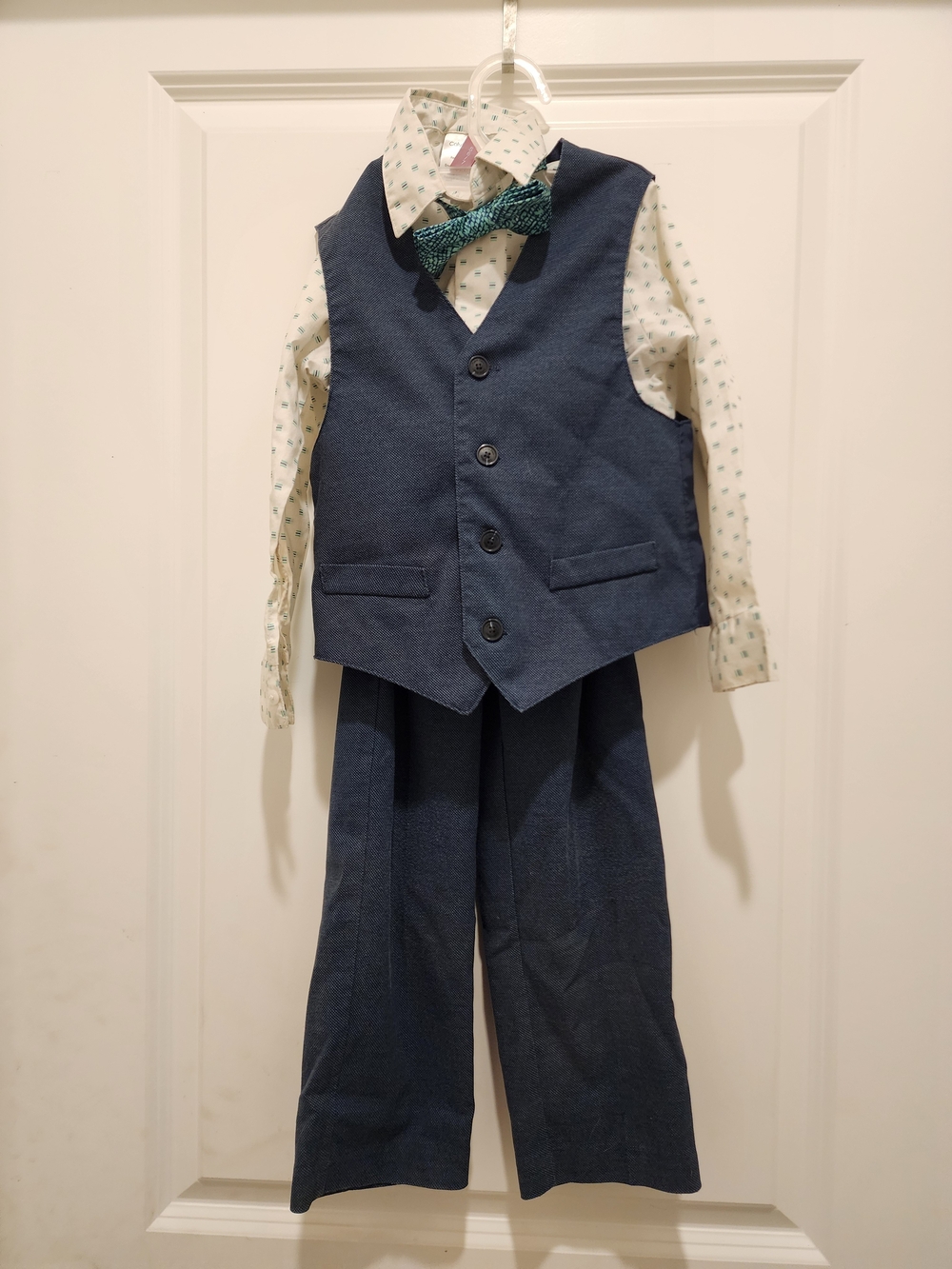 Calvin Klein Navy Vest and Pants Set with Patterned White Shirt and Teal Bow Tie